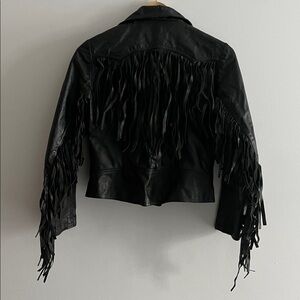 VINTAGE black leather fringed jacket, size XS